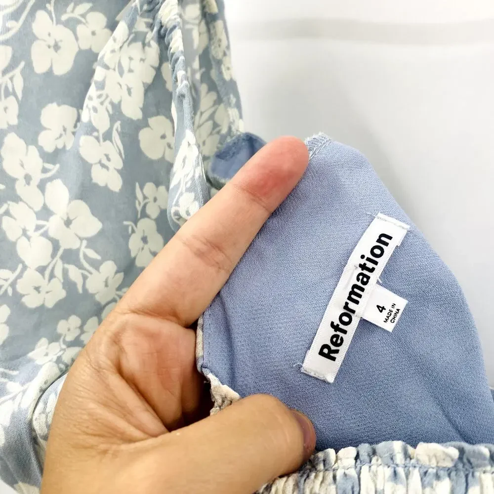 Reformation 4 Blouse Sinead Crop Top Puff Sleeve in Blue Floral